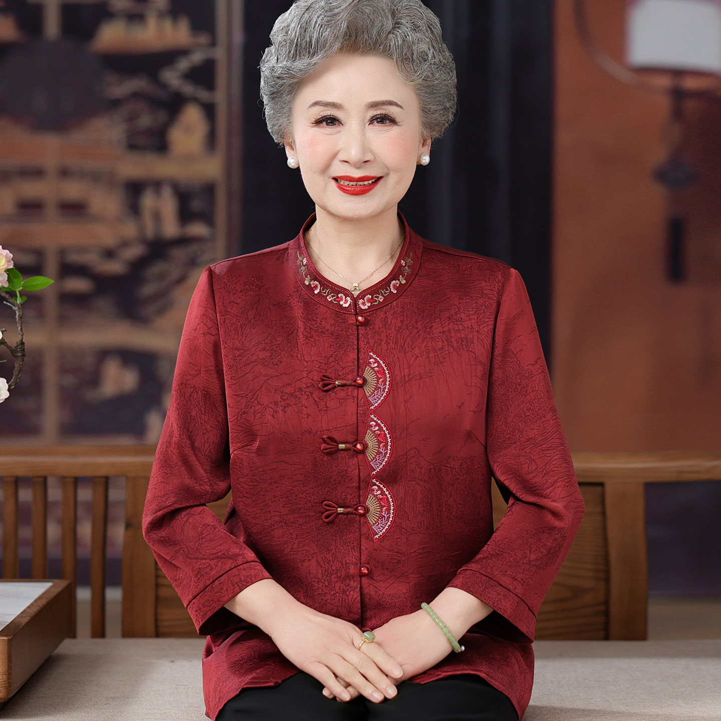 老年人夏装女真丝衬衫妈