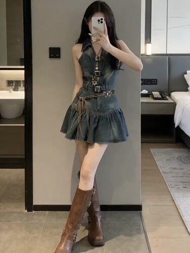 美式复古牛仔马甲女夏季新款设计感小众辣妹穿搭牛仔上衣短裙套装