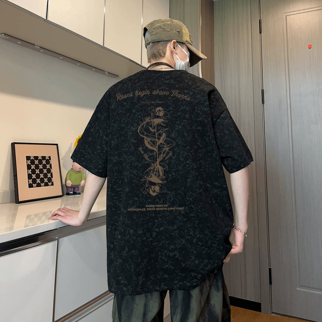 美式潮牌重磅纯棉蜡染短袖t恤男设计感小众宽松休闲百搭圆领上衣