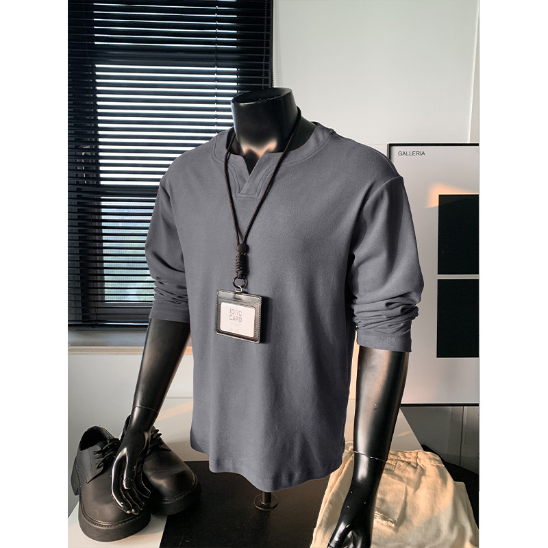 小众简约纯色重磅保暖打底衫上衣男潮牌简约德绒V领宽松长袖体恤