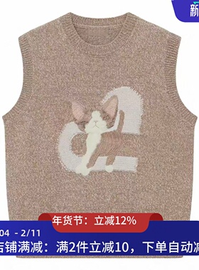 现货针织背心2026春季新款复古猫咪图案叠穿上衣女3K1EE41