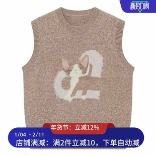 现货针织背心2026春季新款复古猫咪图案叠穿上衣女3K1EE41