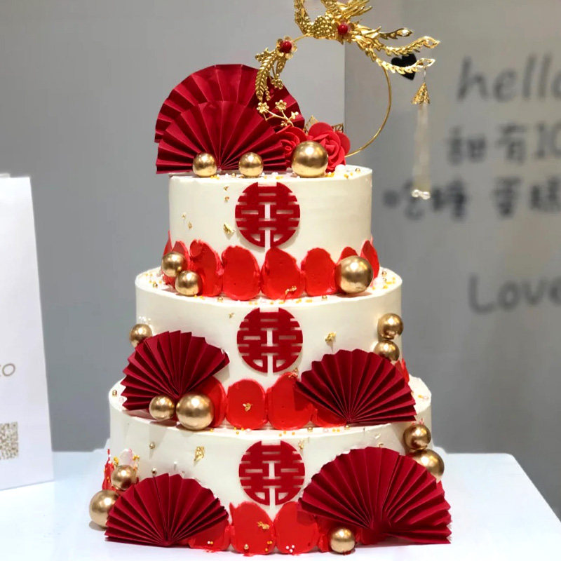 中式婚礼铁艺圆环网纱凤钗凤凰摆件订婚生日蛋糕装饰红色折扇插件