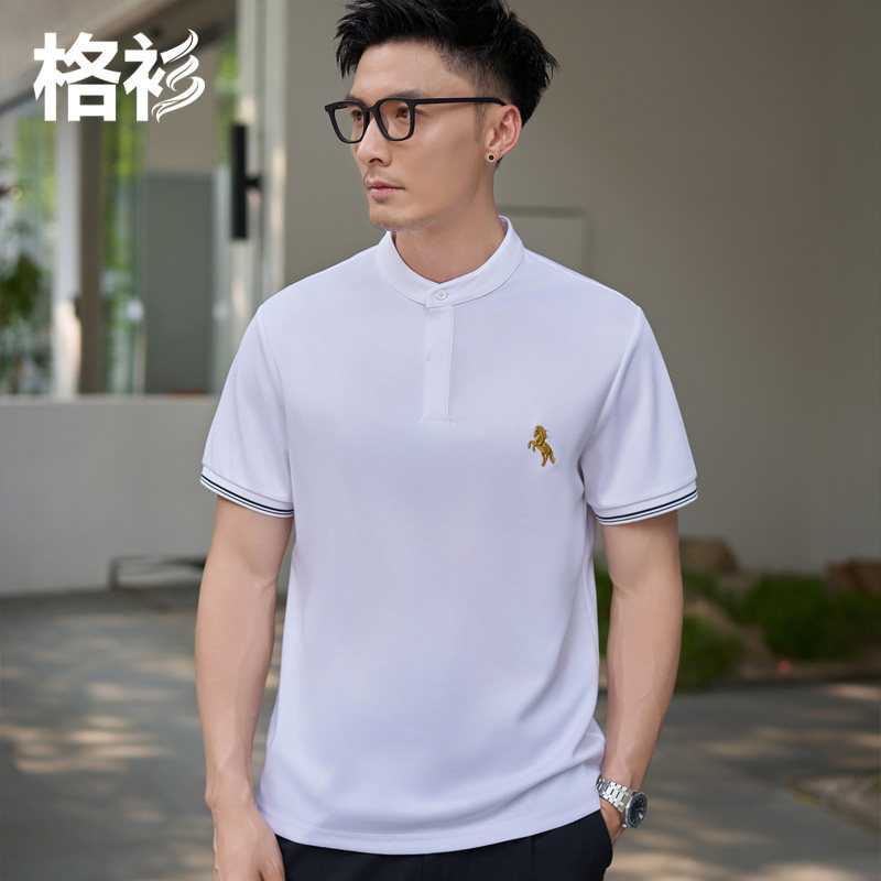 白色立领polo衫男薄款凉感骏马图案印花简约商务夏季男士短袖t恤