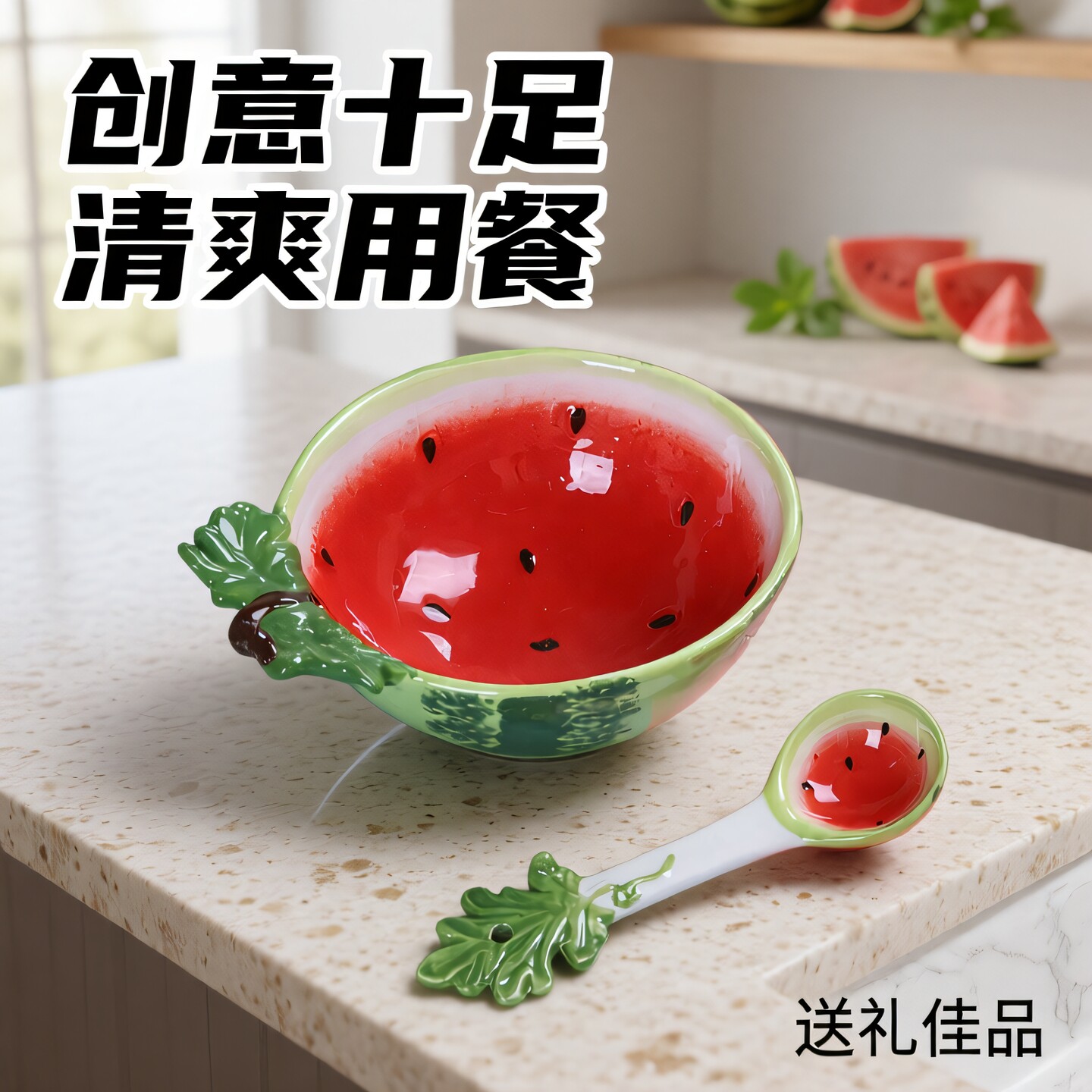 创意西瓜造型陶瓷碗家用汤碗可爱水果餐具套装沙拉米饭碗带勺甜品