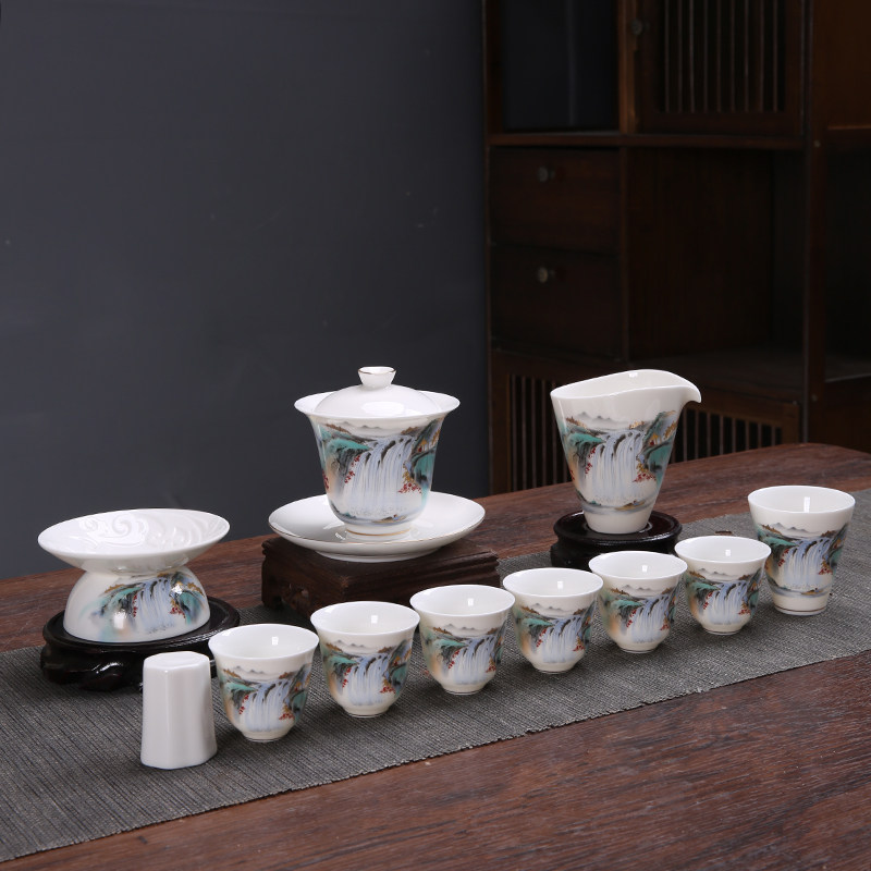 中国白羊脂玉陶瓷盖碗茶杯套装手绘山水功夫茶具办公家用茶碗茶杯