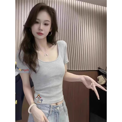 欧货灰色正肩u领短袖T恤女夏季卡通减龄修身辣妹高腰短款绝美上衣