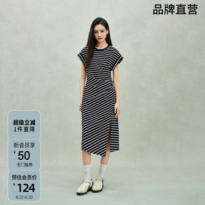 ochirly欧时力 纯棉条纹不规则连衣裙收褶开衩休闲春季新品
