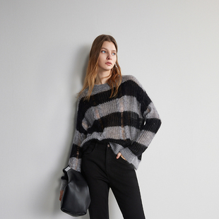 早春针织法式 条纹毛衣女2024新款 复古宽松慵懒 薄款 ochirly欧时力