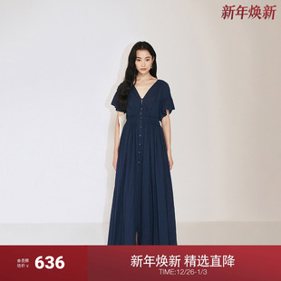 新品 ochirly欧时力 2024秋季 气质法式 进口纯棉A字连衣裙女荷叶袖