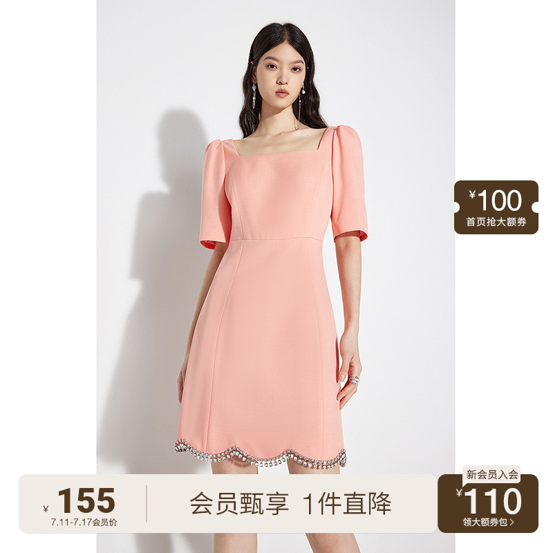 ochirly欧时力泡泡袖方领连衣裙
