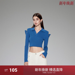 女秋装 针织衫 上衣露肩辣妹风 polo领短款 ochirly欧时力