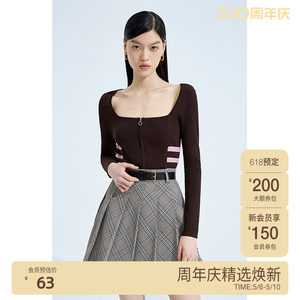 黑标系列欧时力条纹修身针织外套女春装方领休闲运动风