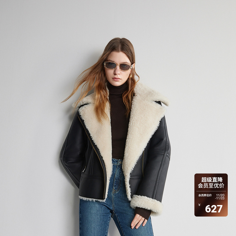 PU环保皮草外套女 ochirly欧时力机车夹克2024新款早春保暖时尚