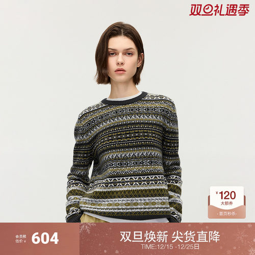 OCHIRLY欧时力 100%澳大利亚羊毛费尔岛提花毛衣复古2025秋季新品