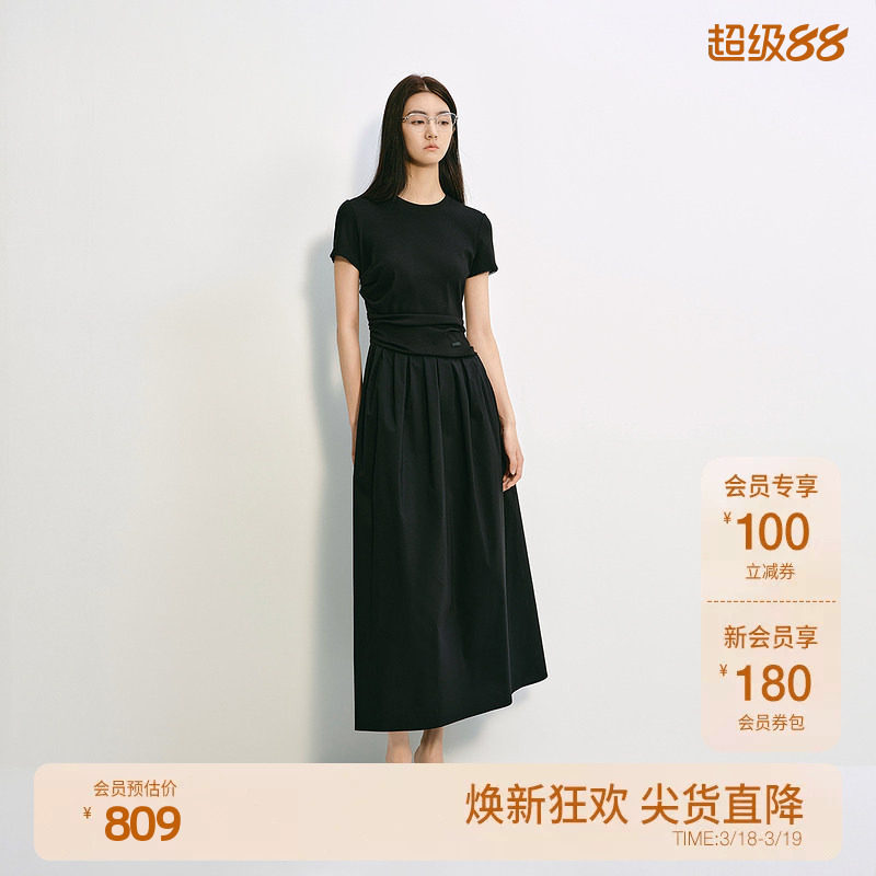 OCHIRLY欧时力 褶饰A字连衣裙长裙法式复古气质显瘦2025夏季新品