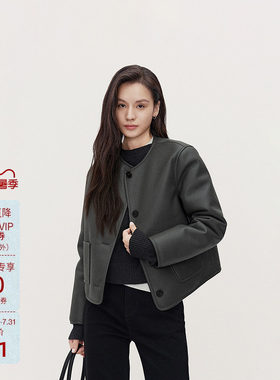 ochirly欧时力小香风机车皮衣外套女上衣圆领高级早春