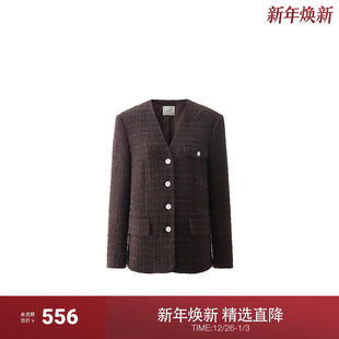 新品 正肩2024秋季 纸片纱小香风V领外套女中长款 OCHIRLY欧时力