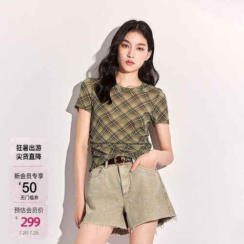 【新品】OCHIRLY欧时力 T恤女2026夏季菱格印花缩褶正肩短袖上衣