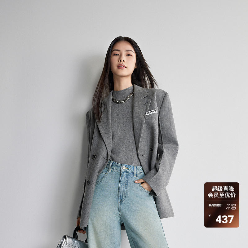 ochirly欧时力 羊毛薄呢料西装外套女2024新款早春双排扣中长款