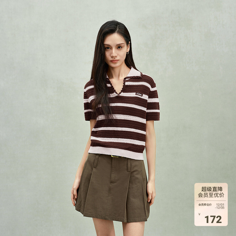 ochirly欧时力 翻领条纹短袖针织衫女上衣钩花休闲2025春季新品