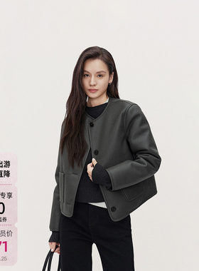 ochirly欧时力小香风机车皮衣外套女上衣圆领高级早春