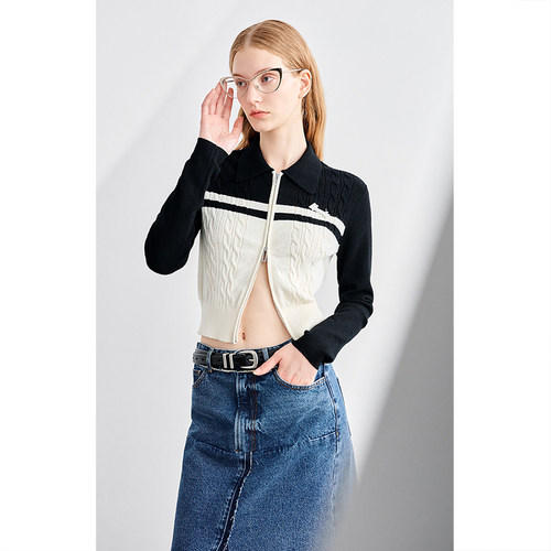 ochirly欧时力撞色扭纹针织外套