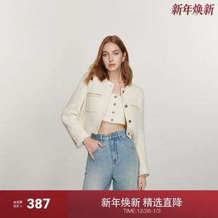 早春圆领短款 欧时力2024新款 气质通勤 呢小香风外套女 羊毛花式