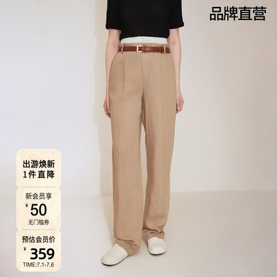 ochirly欧时力 天丝麻阔腿直筒西装长裤女配装饰腰头秋季