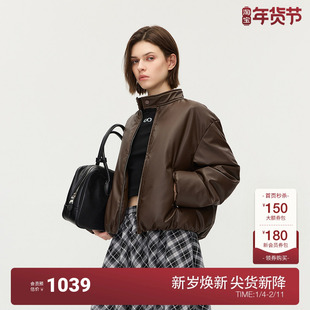 OCHIRLY欧时力 PU皮立领夹克羽绒服外套宽松复古高级2025秋季新品