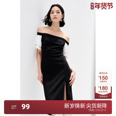 欧时力 法式 一字领连衣裙女夏装 黑标系列 气质泡泡袖 礼服