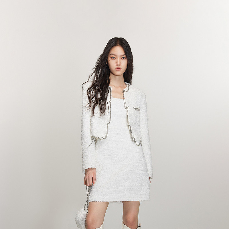 轻奢金属亮丝小香风外套女 欧时力早春短款重工钉钻链饰