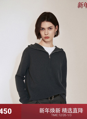 OCHIRLY欧时力 100%绵羊毛套头毛衣女带帽复古高级2024秋季新品