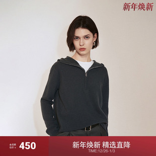 新品 OCHIRLY欧时力 100%绵羊毛套头毛衣女带帽复古高级2024秋季