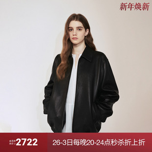 新品 OCHIRLY欧时力 绵羊皮真皮夹克外套女复古高级感2024秋季
