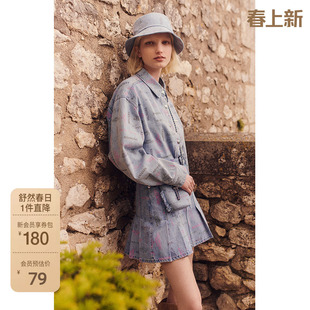 欧时力 印花a字牛仔半身裙早秋短裙褶裙学院风