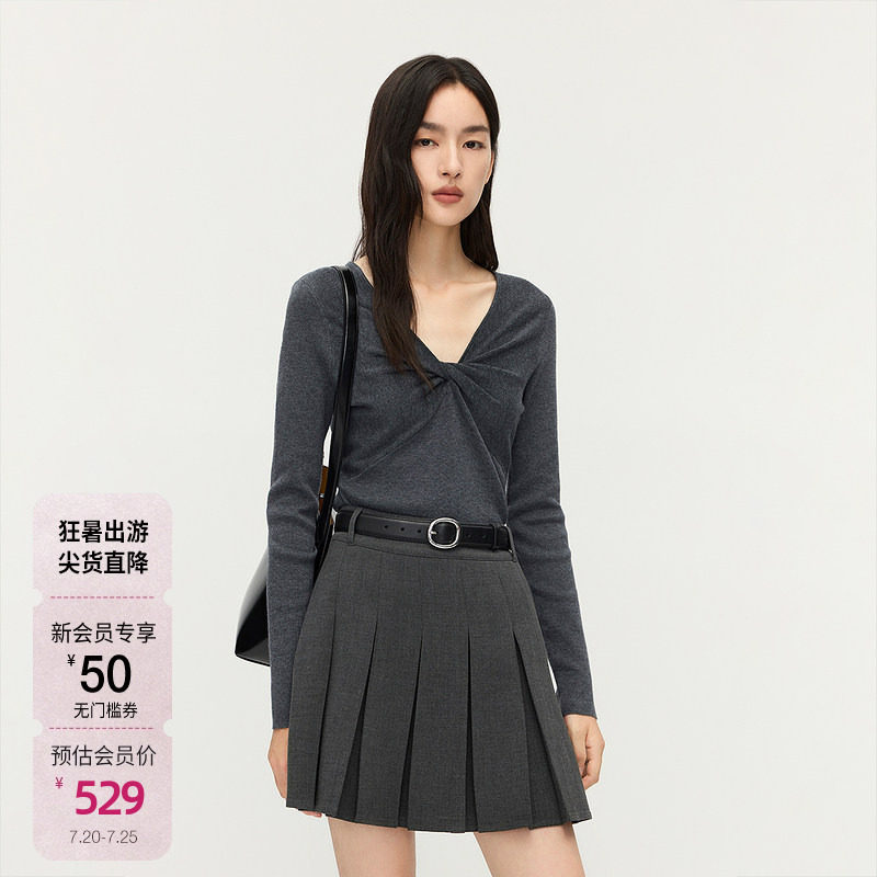 OCHIRLY欧时力 V领扭结针织毛衣女上衣设计感修身秋季新品