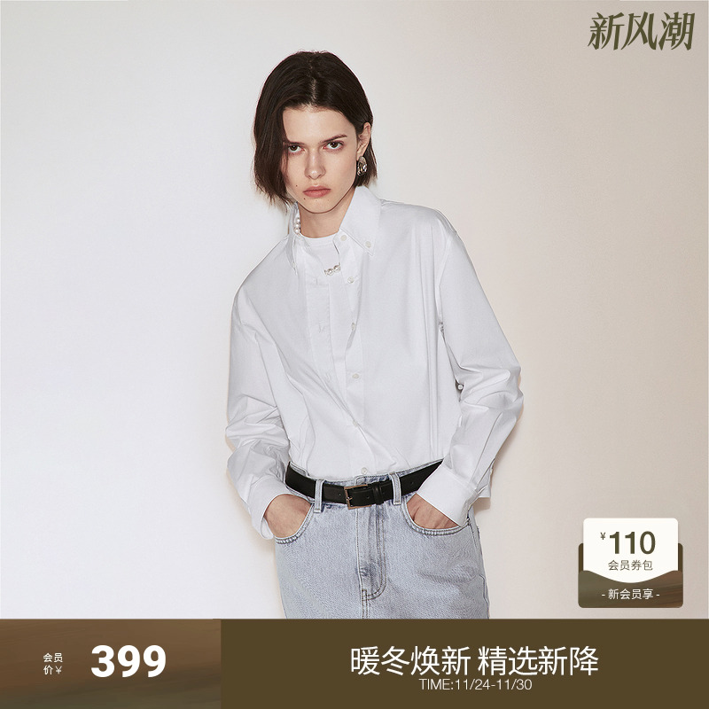OCHIRLY欧时力 棉质宽松长袖衬衫女中长时尚静奢风2024秋季新品