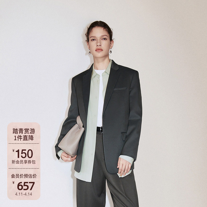 OCHIRLY欧时力 羊毛醋酸西装外套女无扣中长高级感2024秋季新品