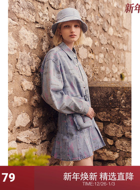 欧时力 印花a字牛仔半身裙早秋短裙褶裙学院风
