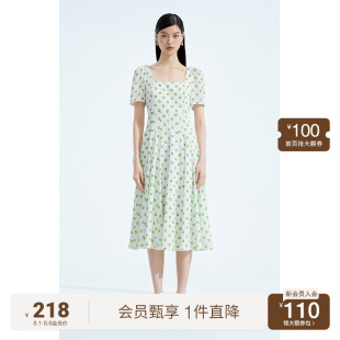 方领茶歇裙 黑标系列 欧时力 缎面印花短袖 连衣裙女夏装