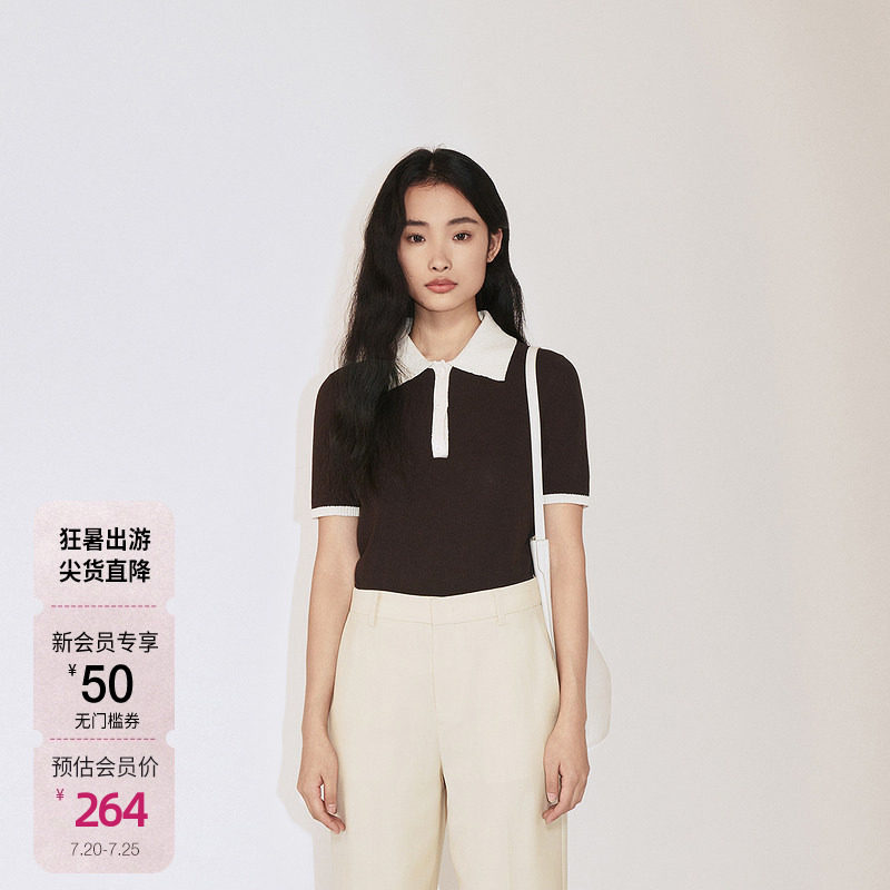 OCHIRLY欧时力 澳进口羊毛短袖毛衣女Polo领设计感秋季