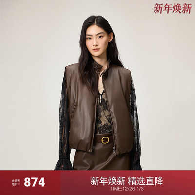 OCHIRLY欧时力 PU皮立领羽绒背心女马甲外套休闲复古2025秋季新品