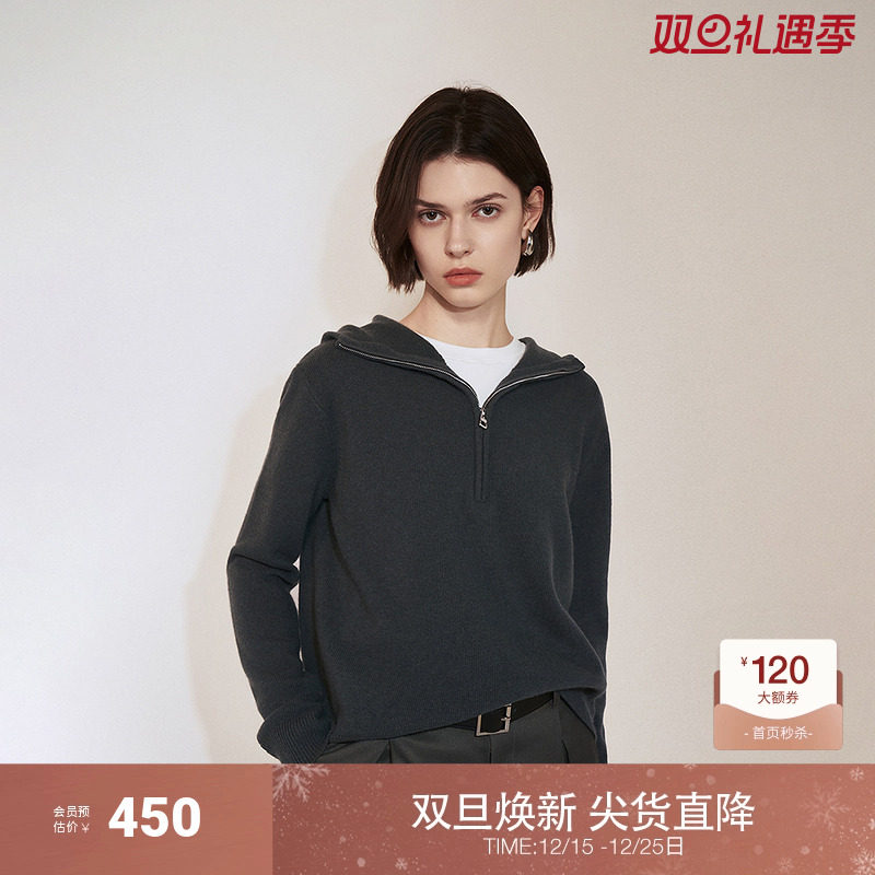 OCHIRLY欧时力 100%绵羊毛套头毛衣女带帽复古高级2024秋季新品