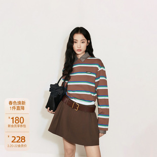 OCHIRLY欧时力 100%棉条纹长袖t恤女中长宽松复古2024秋冬新品