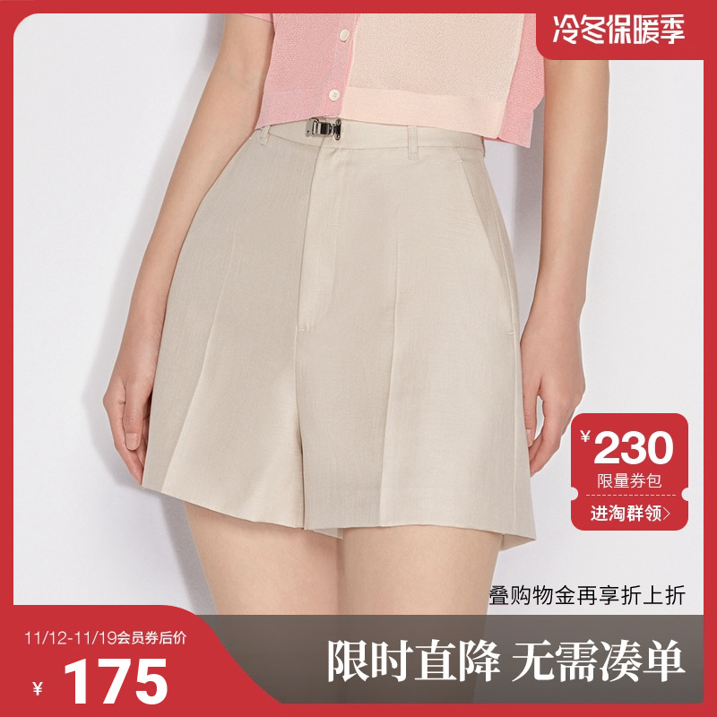 黑标系列 欧时力夏装搭扣高腰直筒休闲短裤女