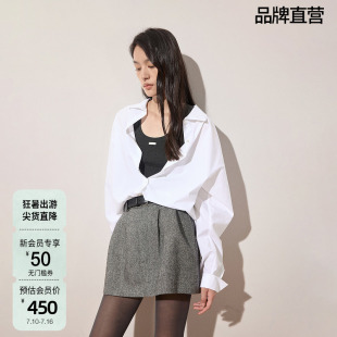 OCHIRLY欧时力 两面穿纯棉白衬衫女中长款长袖上衣秋季新品