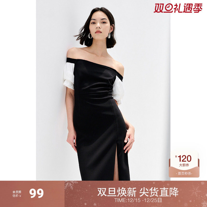 黑标系列 欧时力 法式一字领连衣裙女夏装气质泡泡袖礼服