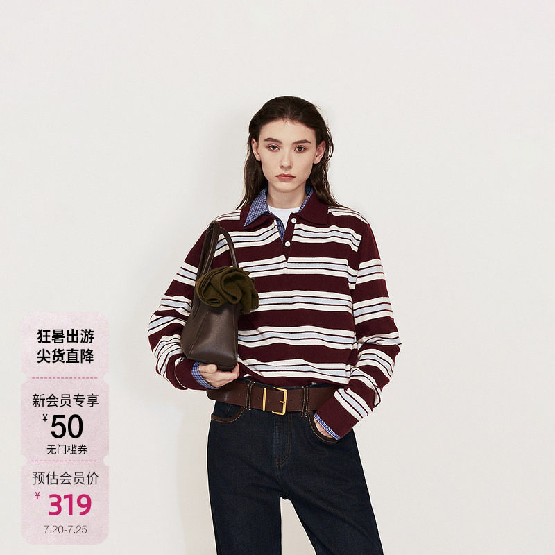 OCHIRLY欧时力 澳大利亚100%美丽诺羊毛毛衣女条纹秋冬