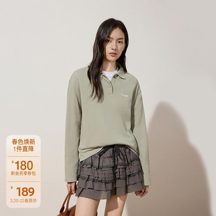 OCHIRLY欧时力 100%棉Polo领长袖T恤女上衣绣花气质2024秋冬新品